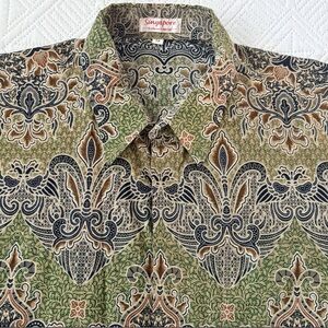 Vtg Singapore Exclusive Collection Batik Shirt Men's 18 (XL) Green Floral Boho